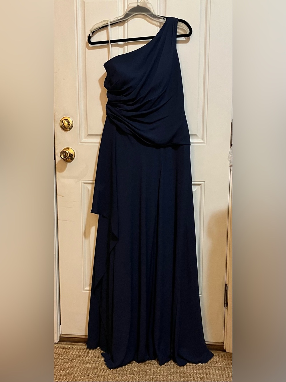 David's Bridal One-Shoulder Georgette Cascade Dress (Style F19832) Navy-Size 12